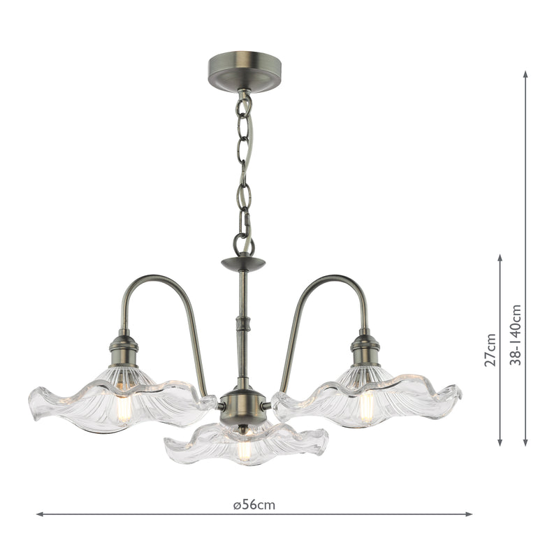 Dar Lighting Hadano 3 Light Pendant Antique Chrome and Glass • HAD0361-12