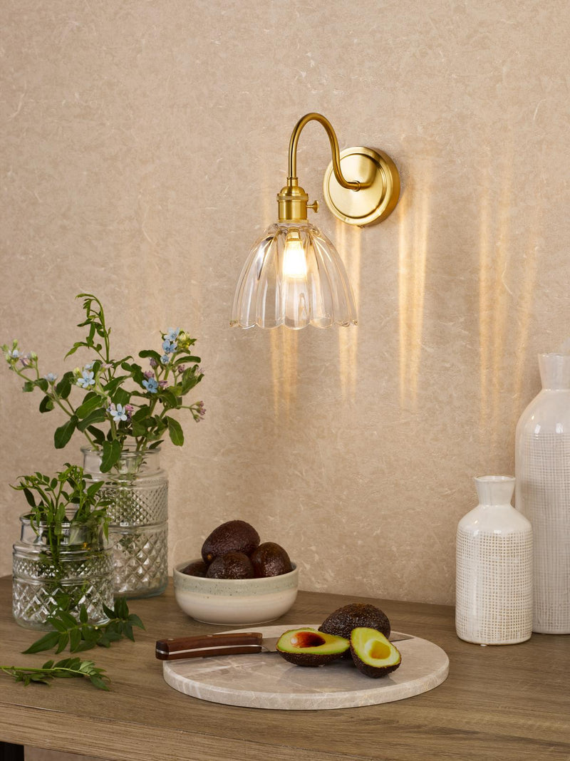 Dar Lighting Hadano Wall Light Natural Brass and Scalloped Bell Glass • HAD0740-11