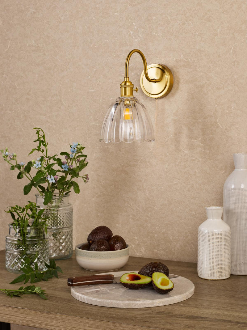 Dar Lighting Hadano Wall Light Natural Brass and Scalloped Bell Glass • HAD0740-11