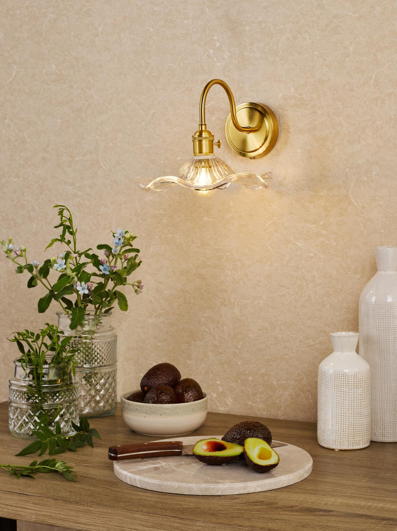 Dar Lighting Hadano Wall Light Natural Brass and Wavy Glass • HAD0740-12