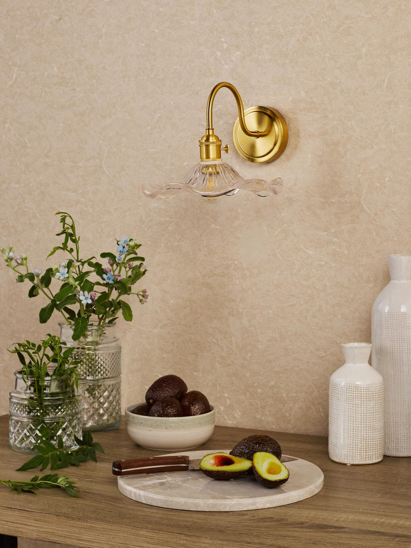 Dar Lighting Hadano Wall Light Natural Brass and Wavy Glass • HAD0740-12
