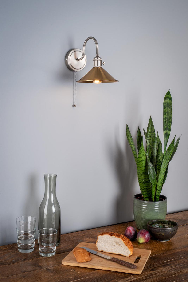 Dar Lighting Hadano Wall Light Antique Chrome With Aged Brass Shade • HAD0761-01