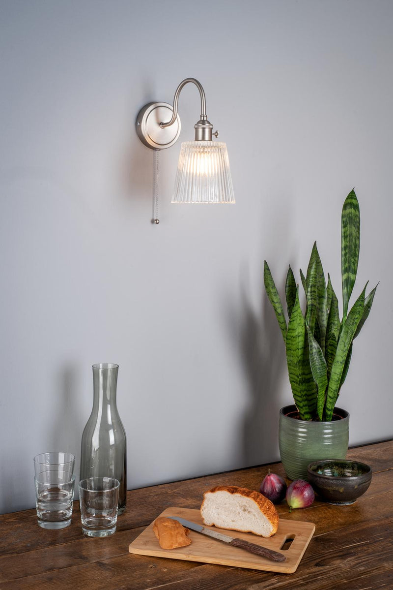 Dar Lighting Hadano Wall Light Antique Chrome With Clear Ribbed Glass Shade • HAD0761-05