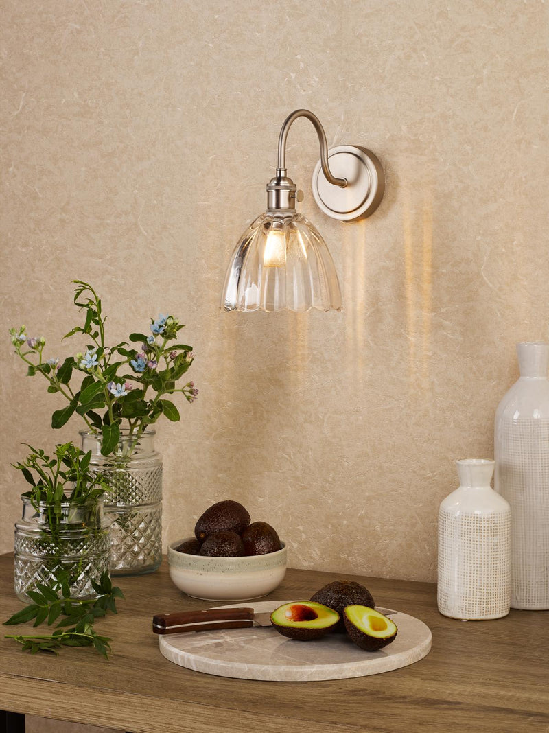 Dar Lighting Hadano Wall Light Antique Chrome and Scalloped Bell Glass • HAD0761-11