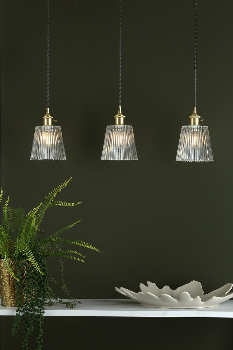 Dar Lighting Hadano 3 Light Brass Suspension With Ribbed Glass Shades • HAD3640-05