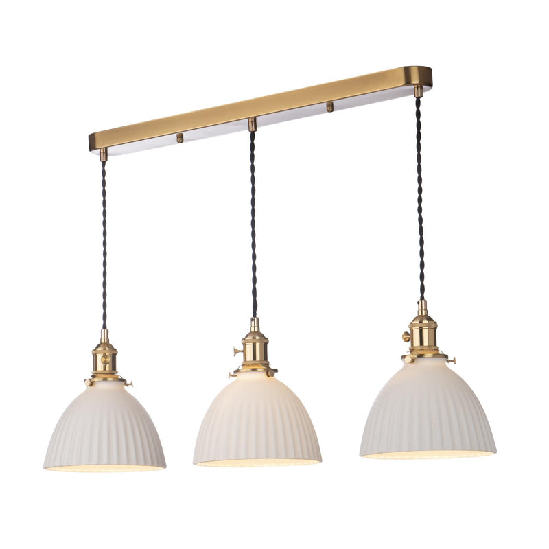 Dar Lighting Hadano 3 Light Bar Pendant Natural Brass & Ceramic Domed Shade • HAD3640-09