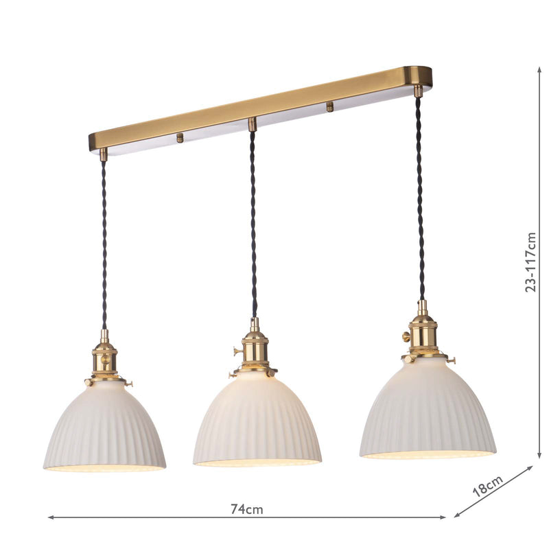 Dar Lighting Hadano 3 Light Bar Pendant Natural Brass & Ceramic Domed Shade • HAD3640-09