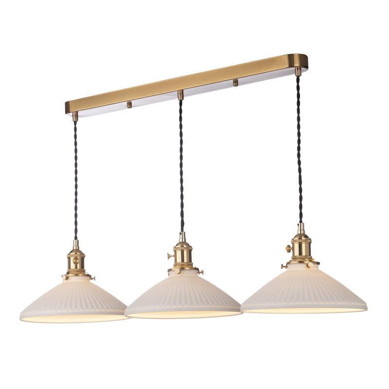 Dar Lighting Hadano 3 Light Bar Pendant Natural Brass & Ceramic Shallow Shade • HAD3640-10