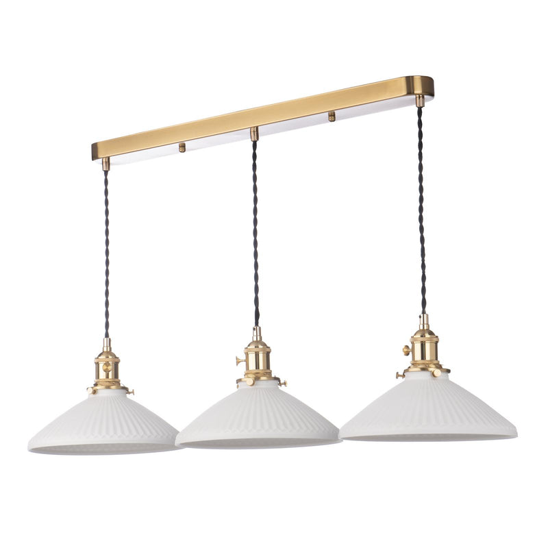 Dar Lighting Hadano 3 Light Bar Pendant Natural Brass & Ceramic Shallow Shade • HAD3640-10