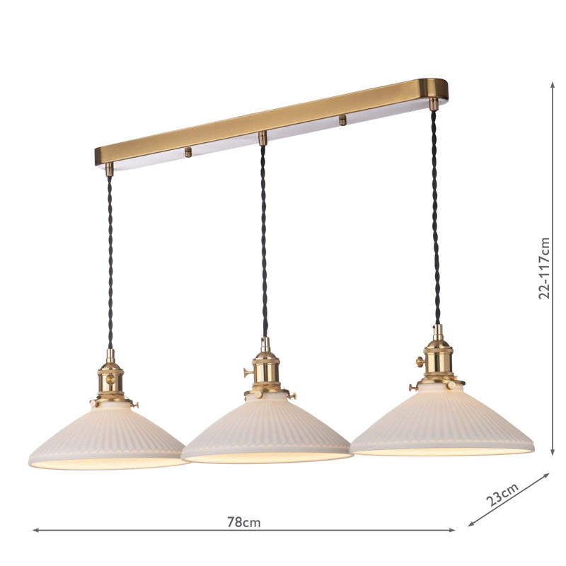 Dar Lighting Hadano 3 Light Bar Pendant Natural Brass & Ceramic Shallow Shade • HAD3640-10