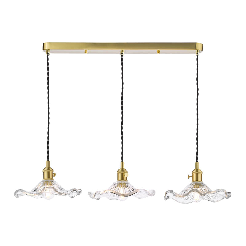 Dar Lighting Hadano 3 Light Bar Pendant Natural Brass and Wavy Glass • HAD3640-12