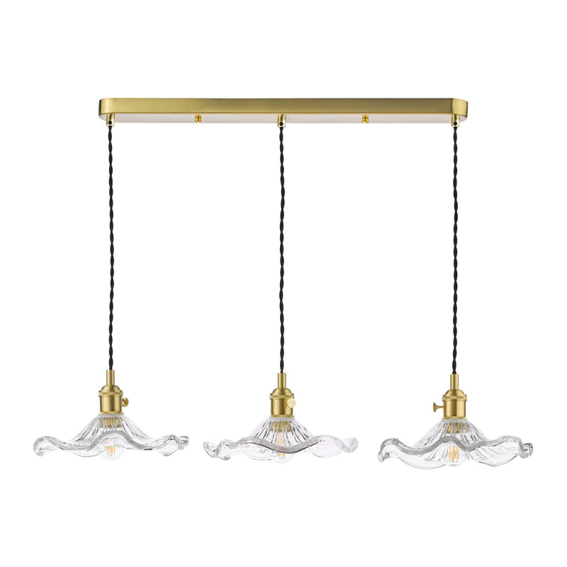 Dar Lighting Hadano 3 Light Bar Pendant Natural Brass and Wavy Glass • HAD3640-12