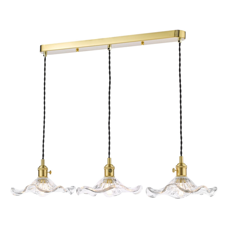 Dar Lighting Hadano 3 Light Bar Pendant Natural Brass and Wavy Glass • HAD3640-12