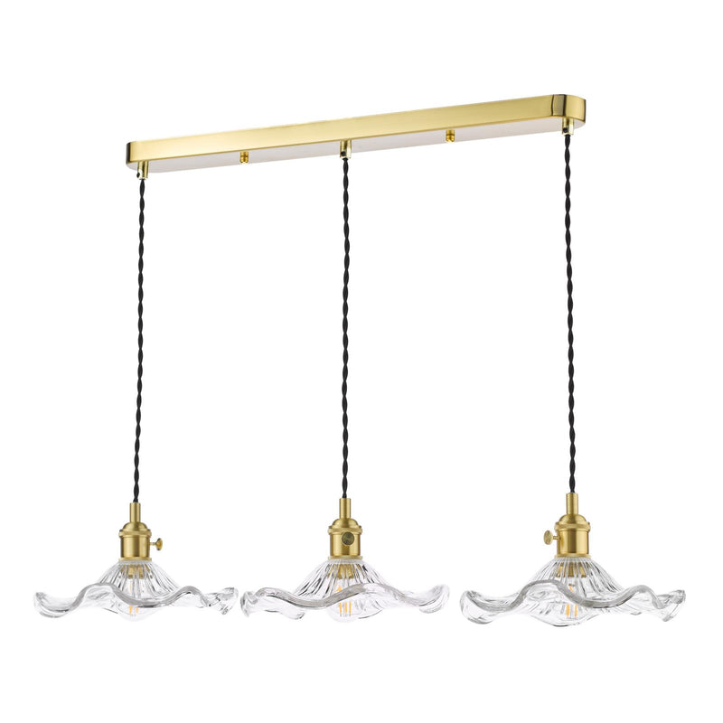 Dar Lighting Hadano 3 Light Bar Pendant Natural Brass and Wavy Glass • HAD3640-12