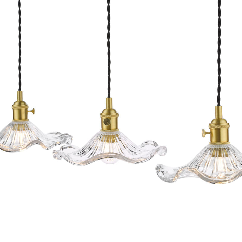 Dar Lighting Hadano 3 Light Bar Pendant Natural Brass and Wavy Glass • HAD3640-12