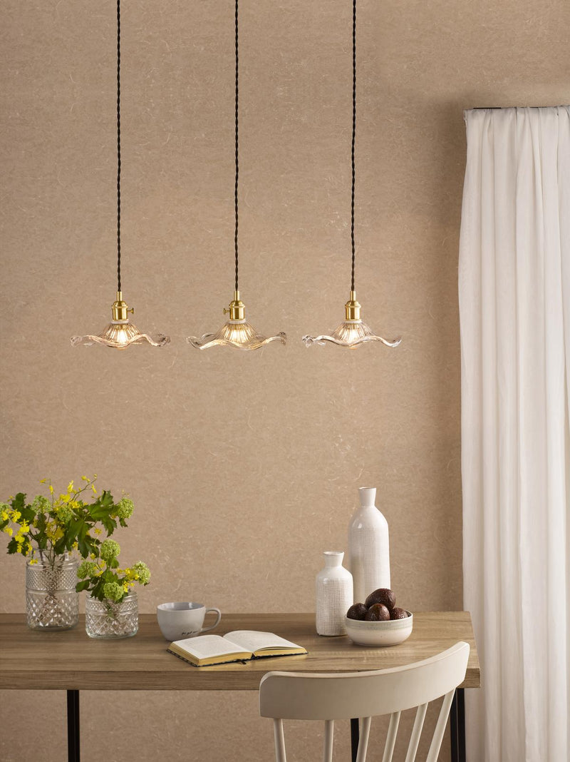 Dar Lighting Hadano 3 Light Bar Pendant Natural Brass and Wavy Glass • HAD3640-12