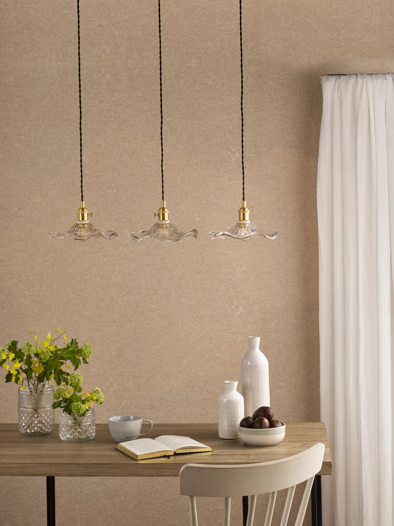 Dar Lighting Hadano 3 Light Bar Pendant Natural Brass and Wavy Glass • HAD3640-12