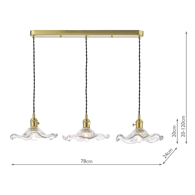 Dar Lighting Hadano 3 Light Bar Pendant Natural Brass and Wavy Glass • HAD3640-12