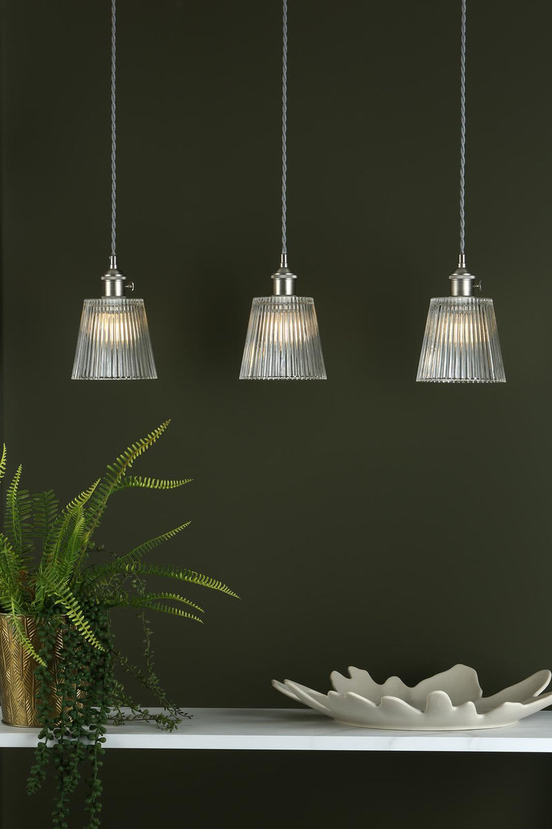 Dar Lighting Hadano 3 Light Antique Chrome Suspension With Ribbed Glass Shades • HAD3661-05