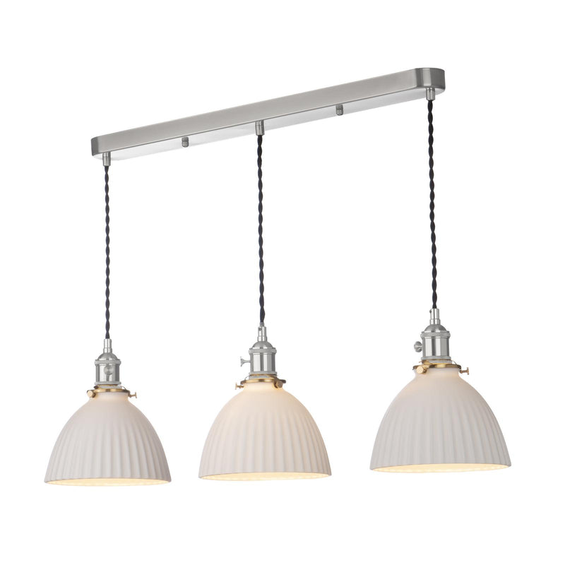Dar Lighting Hadano 3 Light Bar Pendant Antique Chrome & Ceramic Domed Shade • HAD3661-09