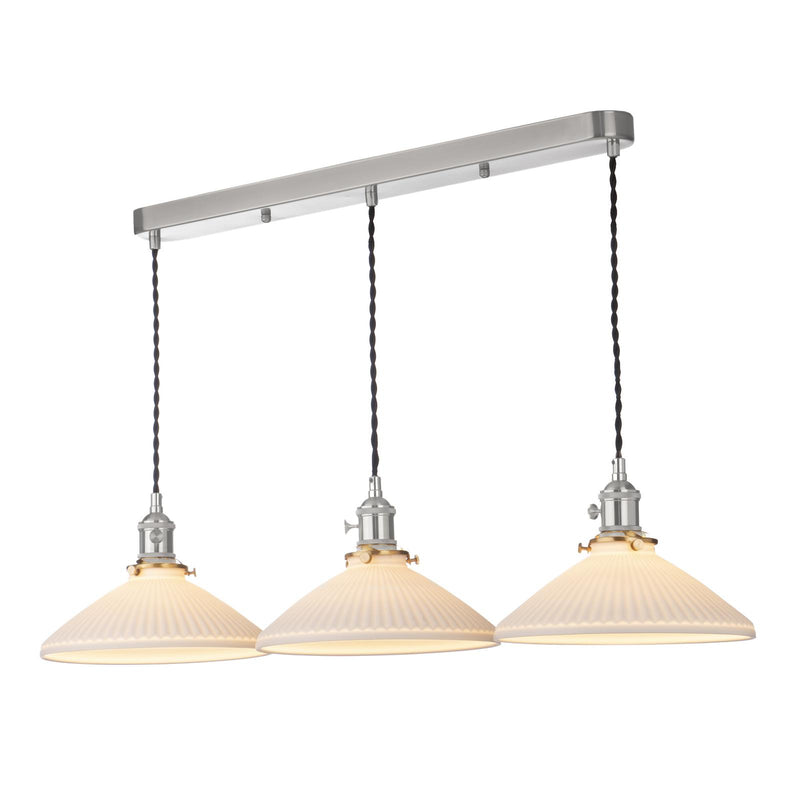 Dar Lighting Hadano 3 Light Bar Pendant Antique Chrome & Ceramic Shallow Shade • HAD3661-10