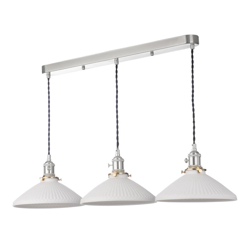 Dar Lighting Hadano 3 Light Bar Pendant Antique Chrome & Ceramic Shallow Shade • HAD3661-10