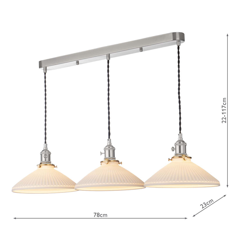 Dar Lighting Hadano 3 Light Bar Pendant Antique Chrome & Ceramic Shallow Shade • HAD3661-10