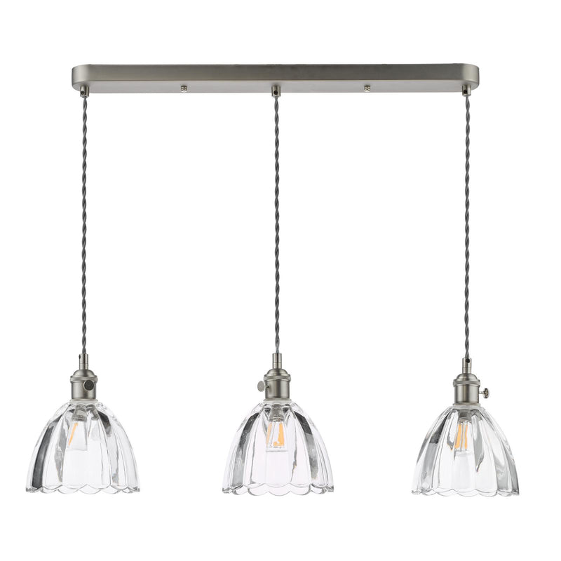 Dar Lighting Hadano 3 Light Bar Pendant Antique Chrome and Scalloped Bell Glass • HAD3661-11