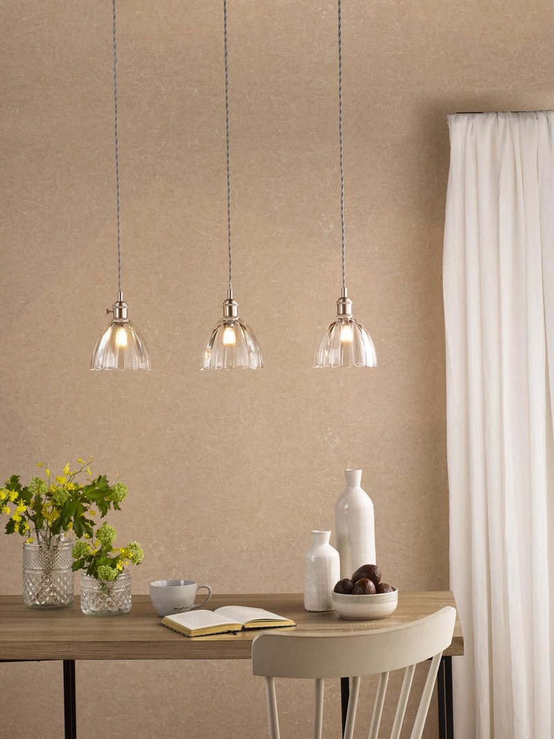 Dar Lighting Hadano 3 Light Bar Pendant Antique Chrome and Scalloped Bell Glass • HAD3661-11