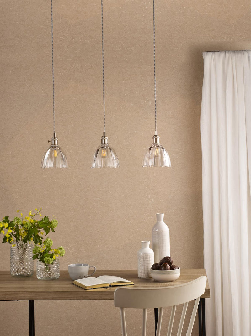 Dar Lighting Hadano 3 Light Bar Pendant Antique Chrome and Scalloped Bell Glass • HAD3661-11