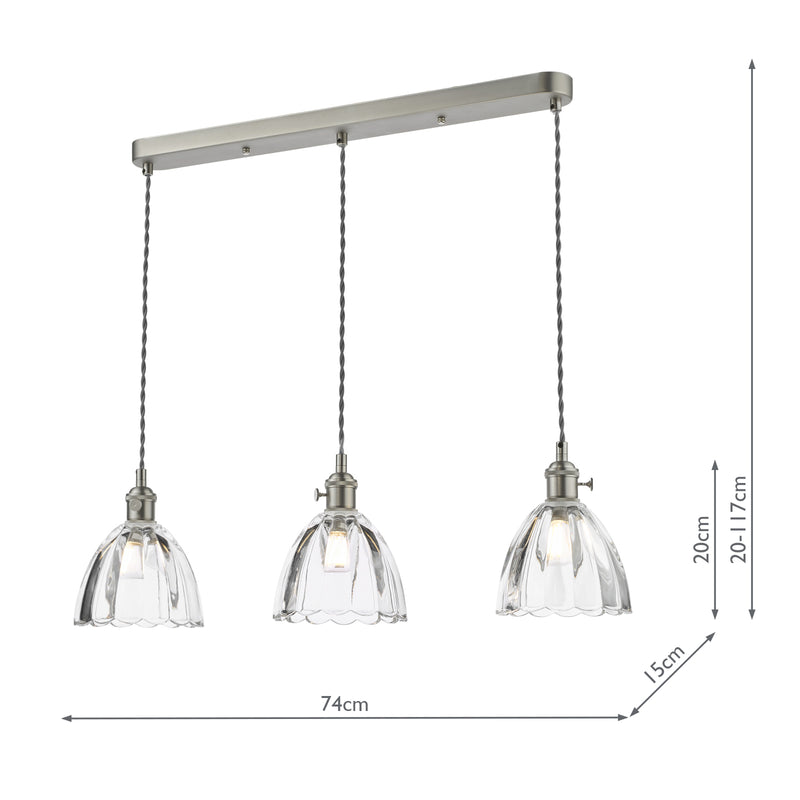 Dar Lighting Hadano 3 Light Bar Pendant Antique Chrome and Scalloped Bell Glass • HAD3661-11