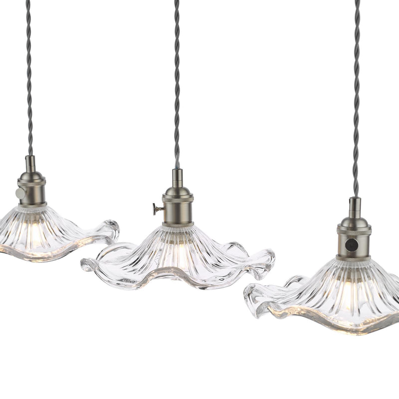 Dar Lighting Hadano 3 Light Bar Pendant Antique Chrome and Wavy Glass • HAD3661-12