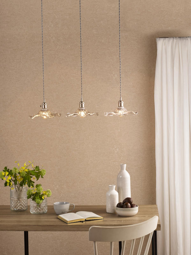 Dar Lighting Hadano 3 Light Bar Pendant Antique Chrome and Wavy Glass • HAD3661-12