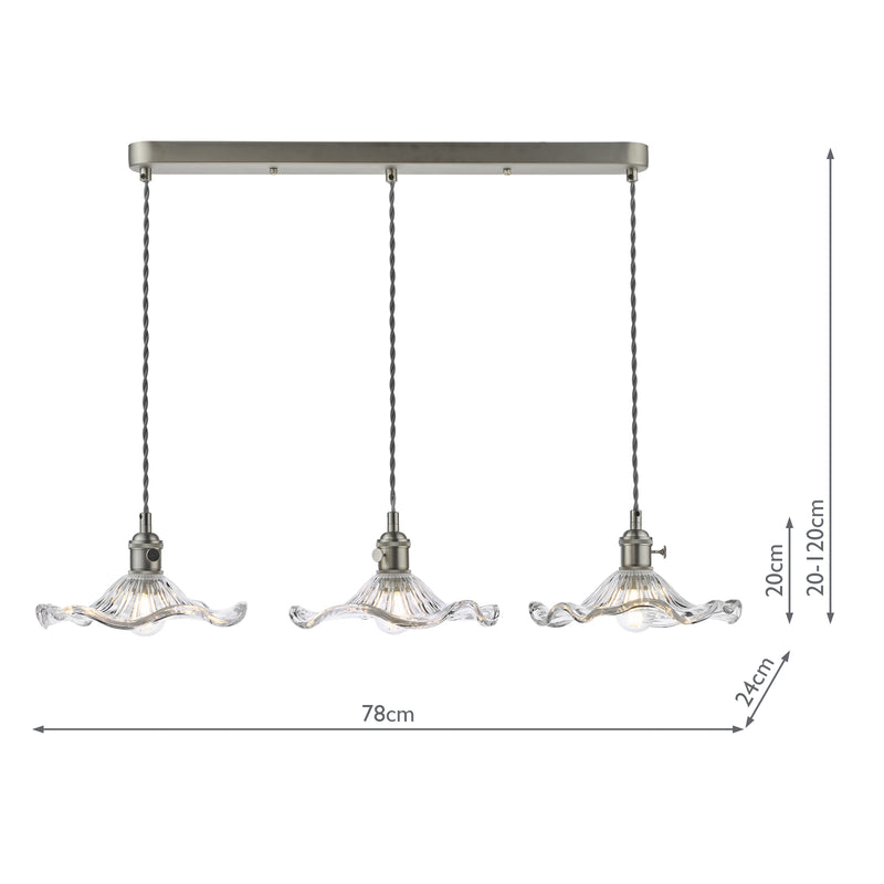 Dar Lighting Hadano 3 Light Bar Pendant Antique Chrome and Wavy Glass • HAD3661-12