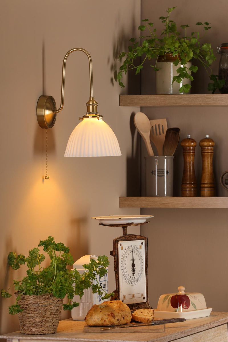 Dar Lighting Hadano Wall Light Natural Brass and White • HAD7140-09