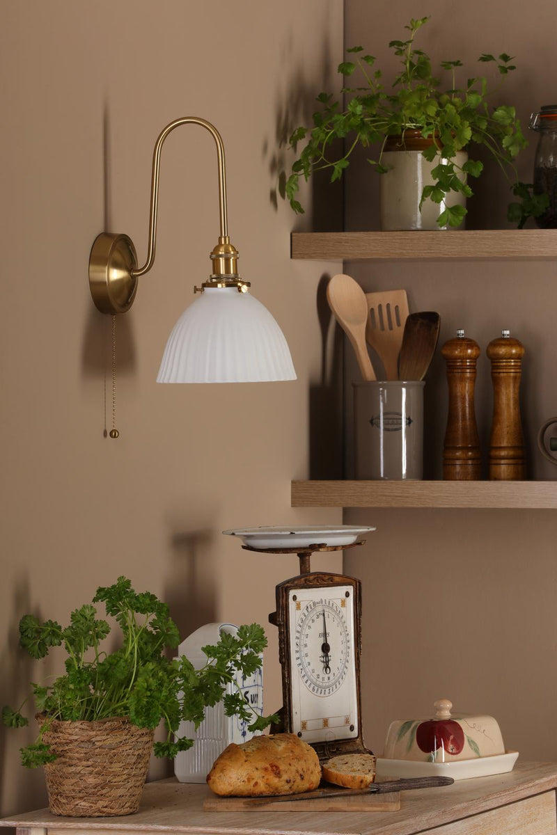 Dar Lighting Hadano Wall Light Natural Brass and White • HAD7140-09