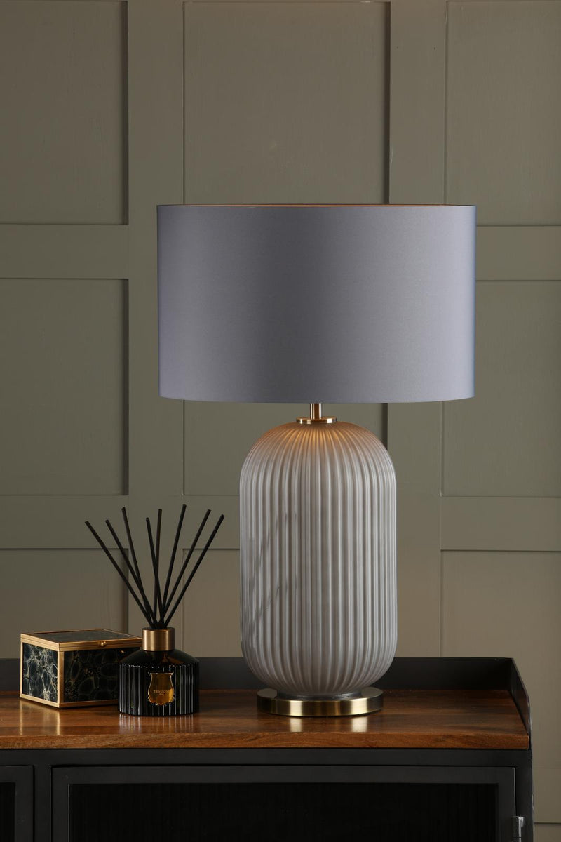 Dar Lighting Helicon Table Lamp Grey Ribbed Glass and Antique Brass With Shade • HEL4239