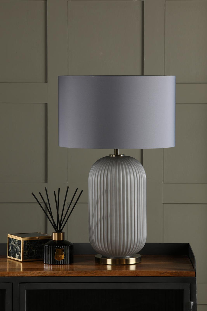 Dar Lighting Helicon Table Lamp Grey Ribbed Glass and Antique Brass With Shade • HEL4239