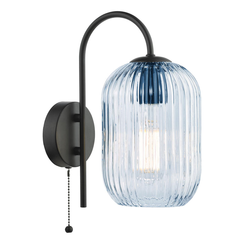 Dar Lighting Idra Wall Light Satin Black and Blue Ribbed Glass • IDR0722-SAW6523
