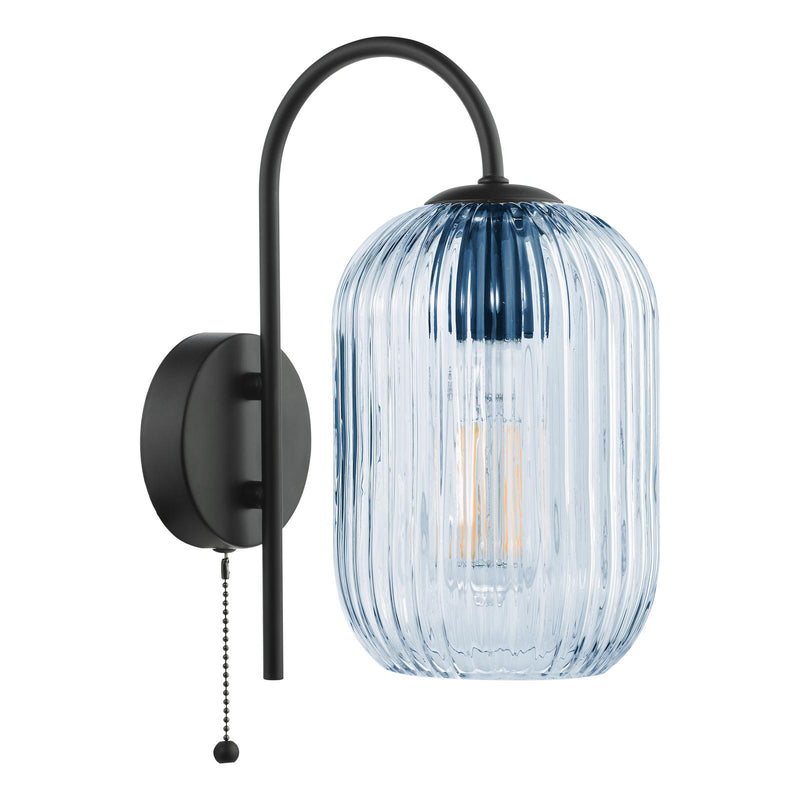 Dar Lighting Idra Wall Light Satin Black and Blue Ribbed Glass • IDR0722-SAW6523