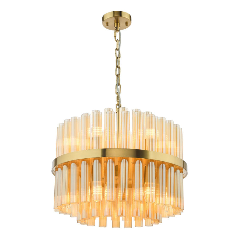 Dar Lighting Imani 12 Light Pendant Natural Brass and Champagne Ribbed Glass • IMA1235