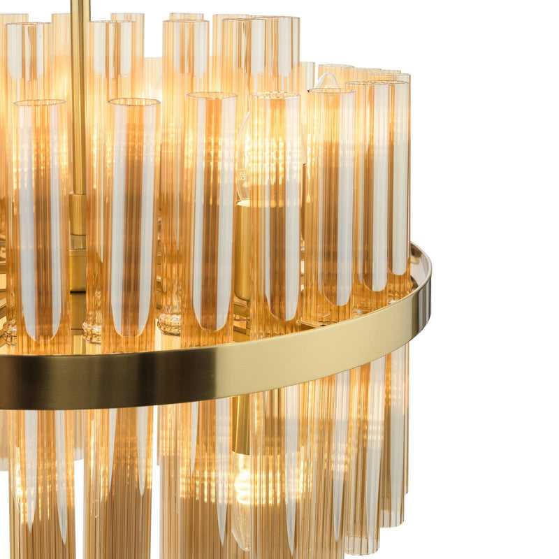 Dar Lighting Imani 12 Light Pendant Natural Brass and Champagne Ribbed Glass • IMA1235