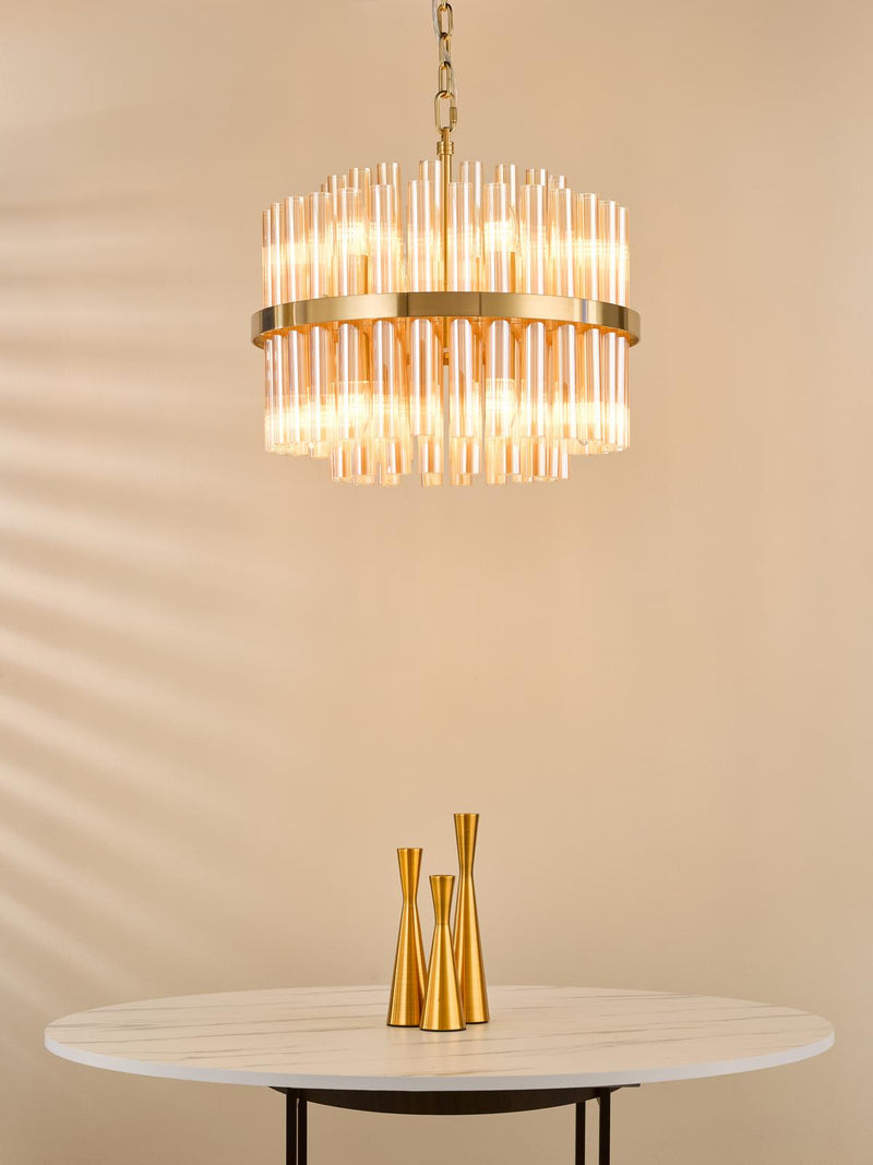 Dar Lighting Imani 12 Light Pendant Natural Brass and Champagne Ribbed Glass • IMA1235