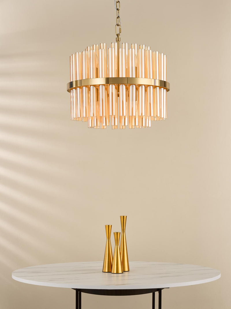 Dar Lighting Imani 12 Light Pendant Natural Brass and Champagne Ribbed Glass • IMA1235