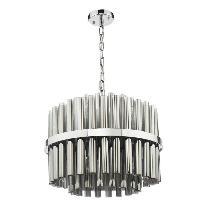 Dar Lighting Imani 12 Light Pendant Polished Chrome and Smoked Ribbed Glass • IMA1250