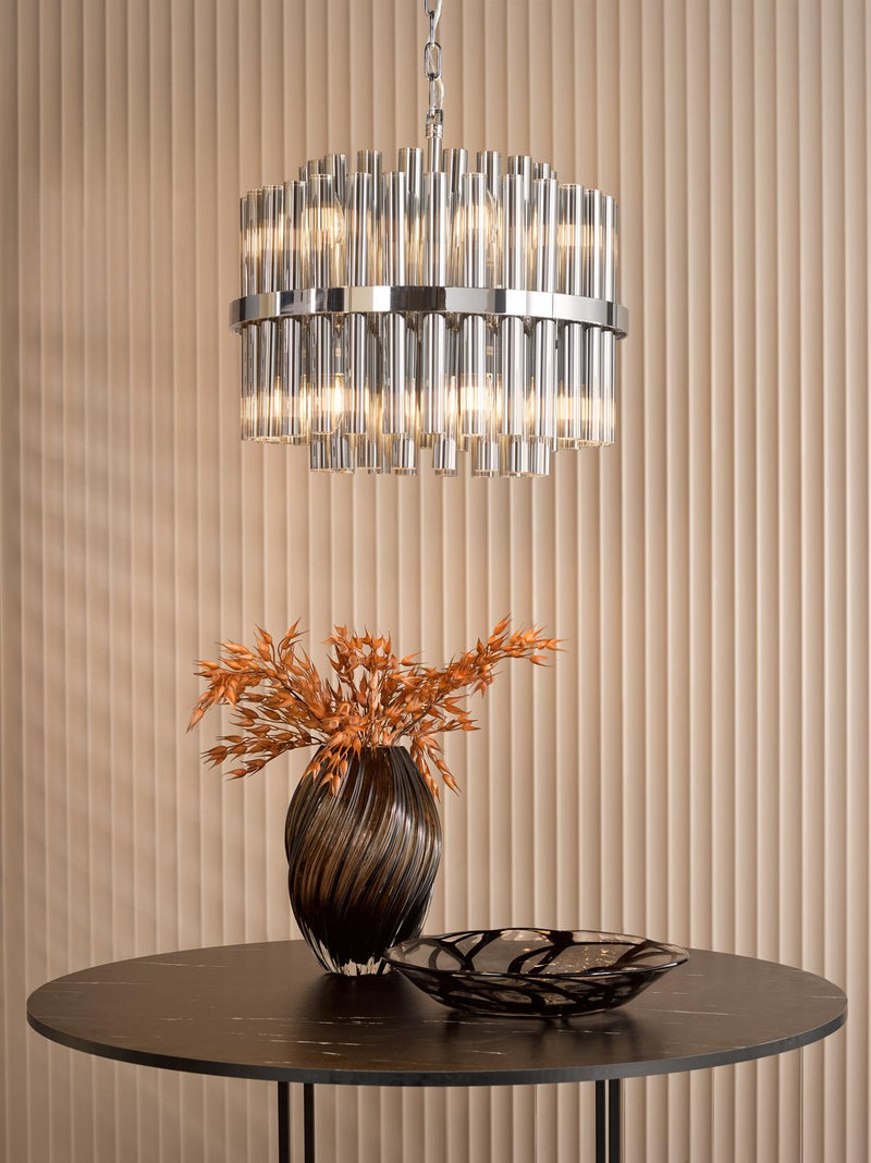 Dar Lighting Imani 12 Light Pendant Polished Chrome and Smoked Ribbed Glass • IMA1250