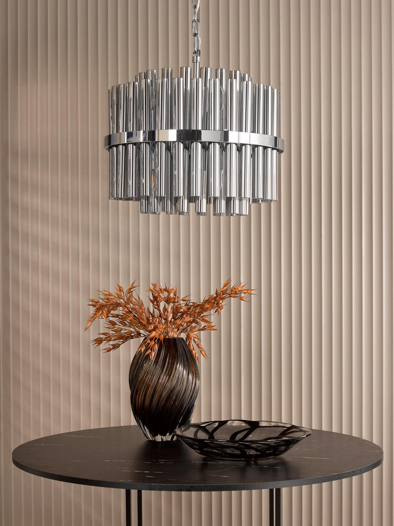 Dar Lighting Imani 12 Light Pendant Polished Chrome and Smoked Ribbed Glass • IMA1250