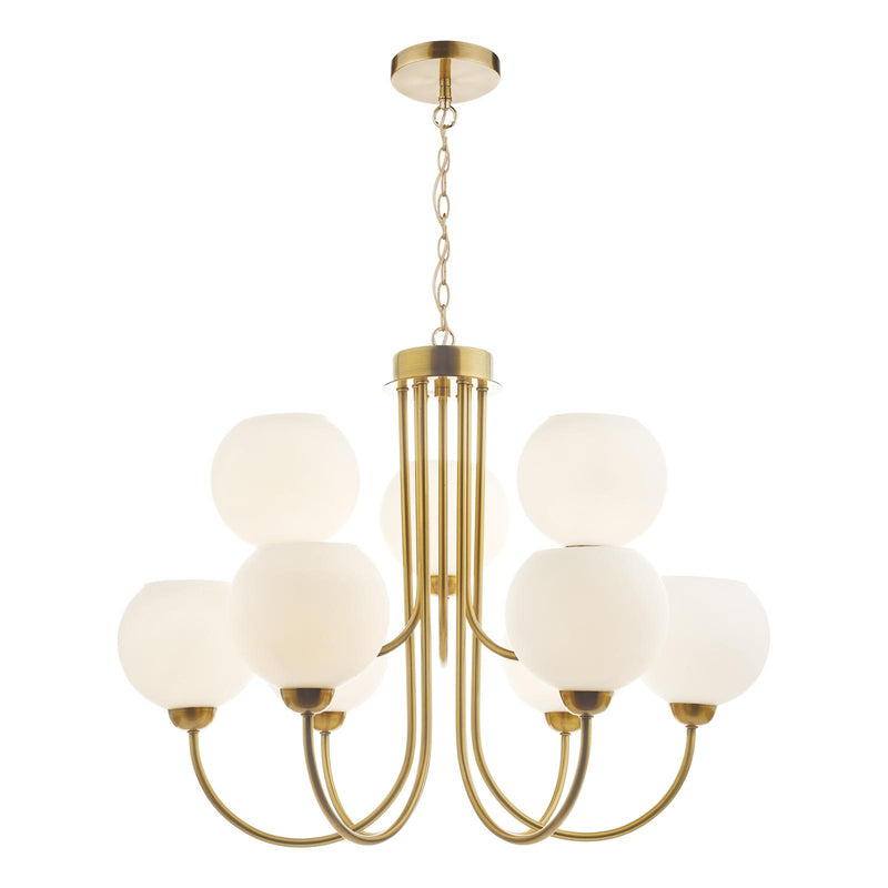 Dar Lighting Indra 9 Light Pendant Natural Brass and Opal Glass • IND1335