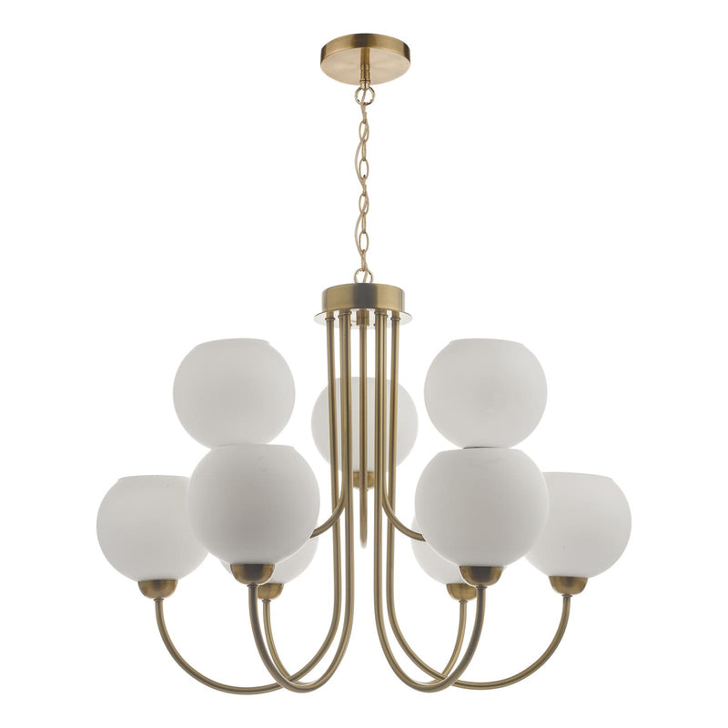 Dar Lighting Indra 9 Light Pendant Natural Brass and Opal Glass • IND1335