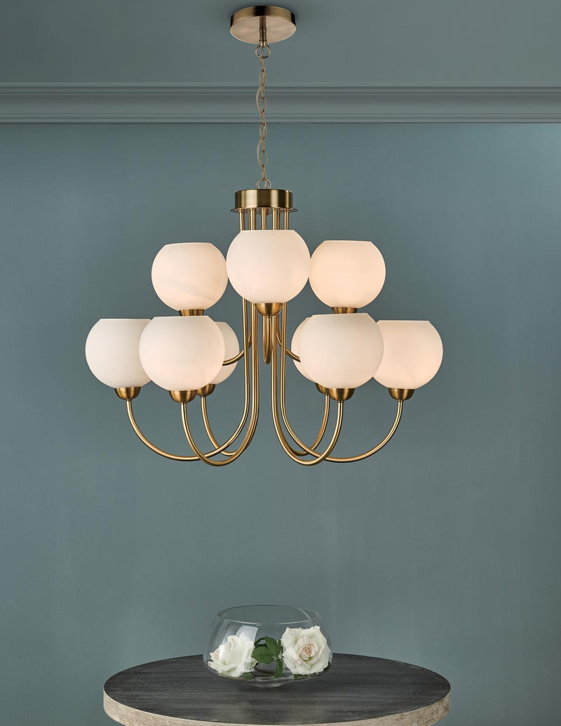 Dar Lighting Indra 9 Light Pendant Natural Brass and Opal Glass • IND1335